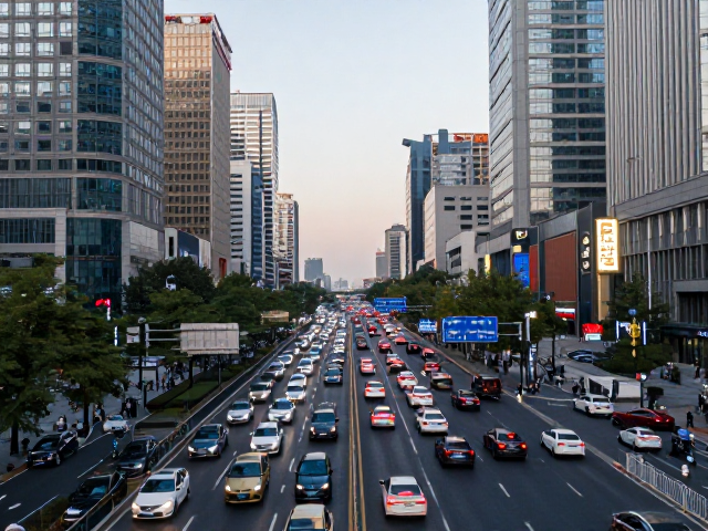 北京城市车流与建筑轮廓，繁华商业街区全景解析