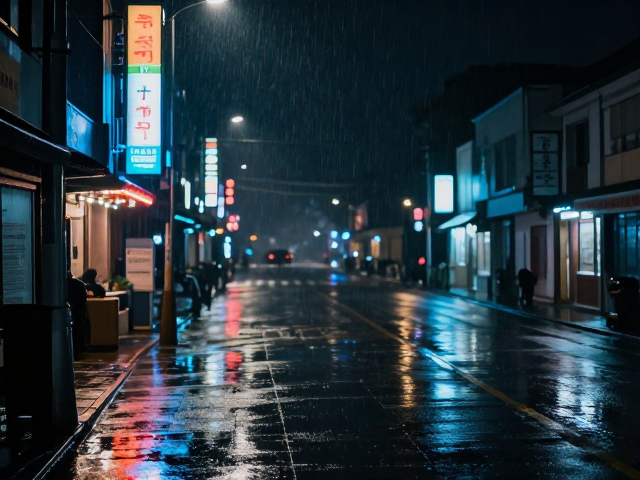 雨夜街头冷调夜景,烟火气里的治愈瞬间