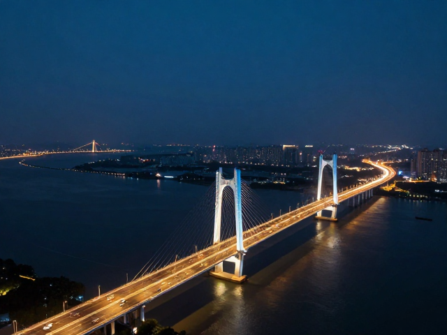 航拍跨江大桥夜景,评估风速天气下的绝美视角