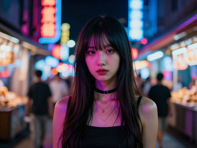 赛博朋克风夜景人像|高饱和色调对比下的夜市氛围感客片