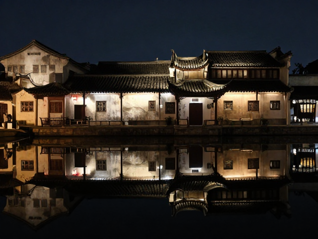 古建筑夜景,水面倒影光影交织的古典雅致之美