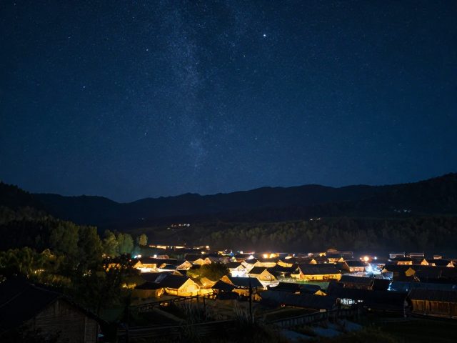 绝美乡村夜景,星空下的远景村落,治愈系构图灵感