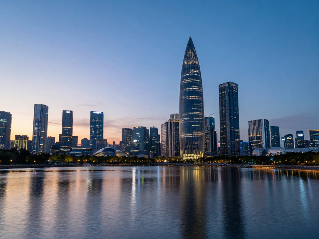 人才公园湖畔:对称构图与夜景蓝调时刻