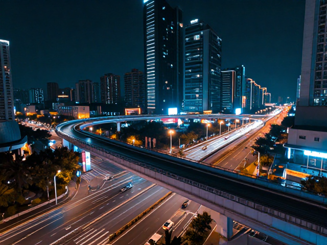 科技夜景天桥高架,增强霓虹饱和度打造赛博朋克视觉盛宴