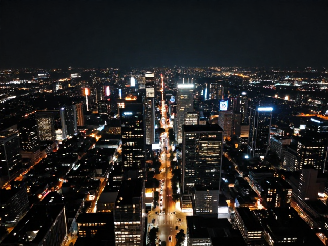高空夜景航拍,建筑轮廓光与夜间车流高峰交织的视觉盛宴