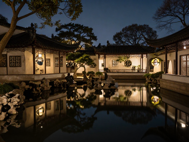 夜幕降临，大光圈镜头定格园林绝美机位
