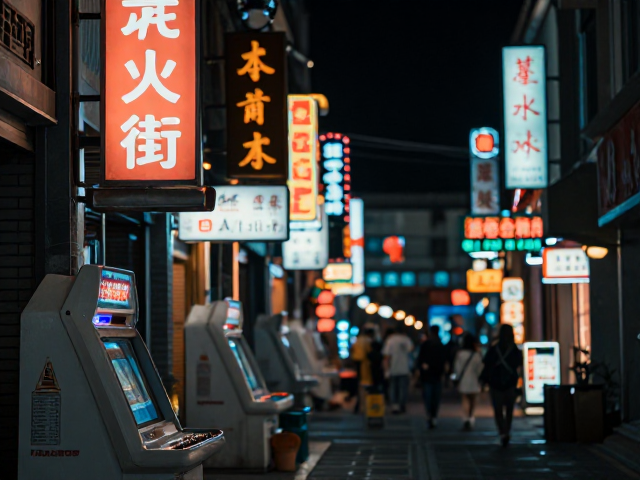 古街机位长焦压缩招牌,定格电影感夜景的绝美构图