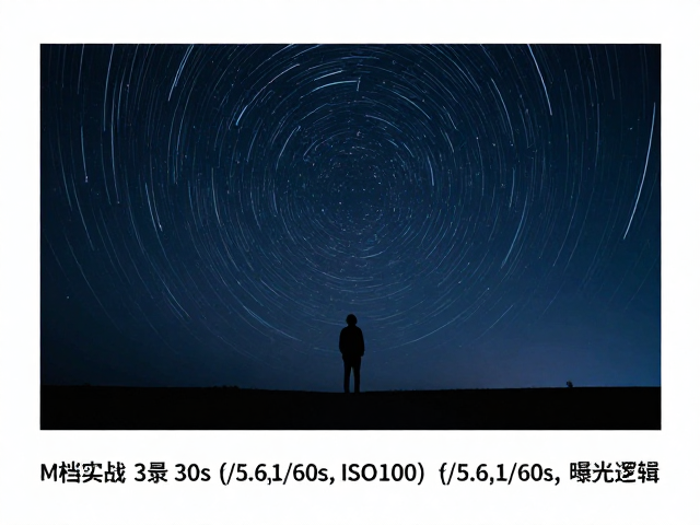 夜景M档实战,30s星空拖轨,剪影人像(f/5.6,1/60s,ISO100)参数详解