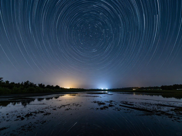 星轨叠加湿地美景,远景灯光层次下的自然机位拍摄指南