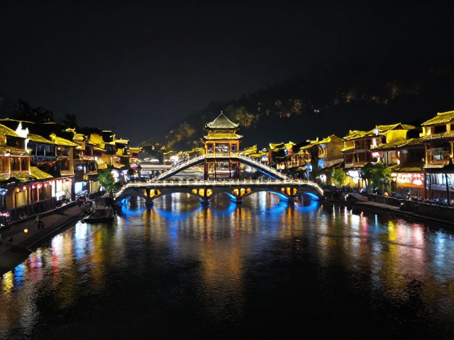 凤凰古城夜景,街巷点状光营造的古建筑梦幻氛围