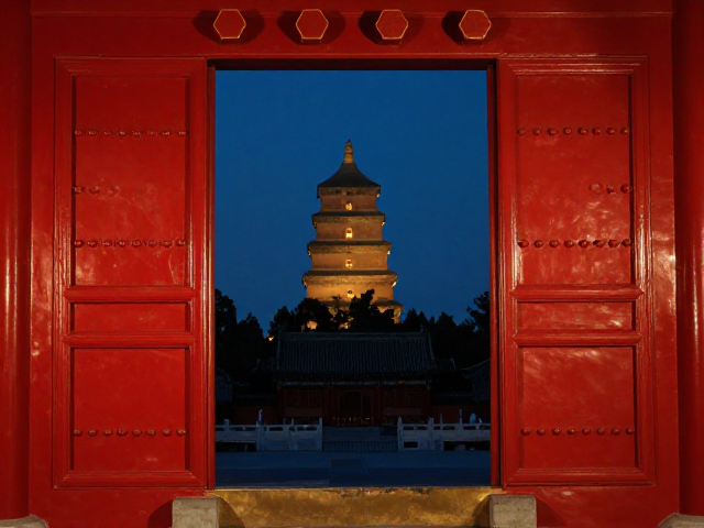 古建筑夜景朱红门窗与寺庙塔影,绝美光影打卡攻略