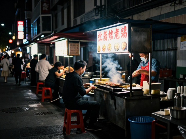 低饱和街拍风,捕捉街头夜景与街边烧烤摊的烟火浪漫