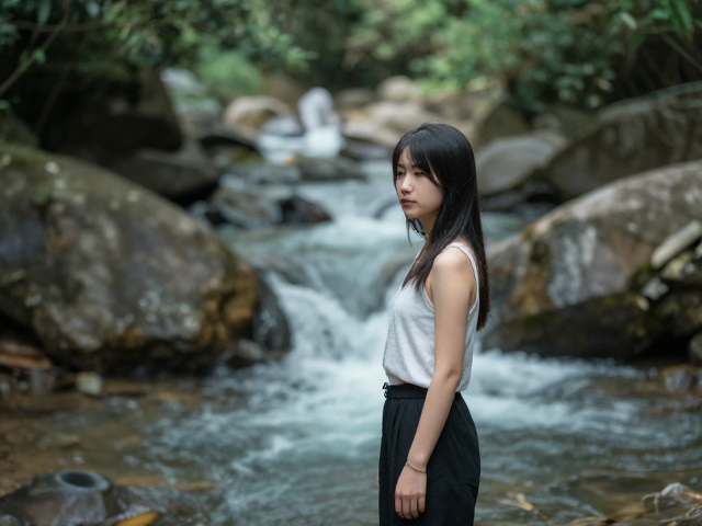 溪流慢门人像外景拍摄指南,如何精准控制曝光防过曝