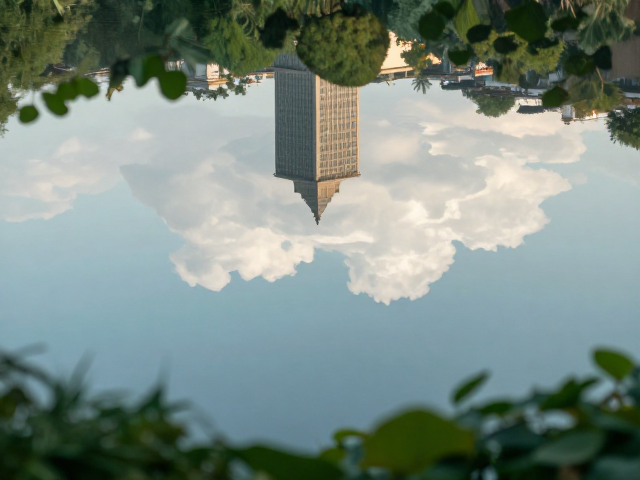 对称倒影构图技巧,利用植被前景与实时取景,拍出大片感