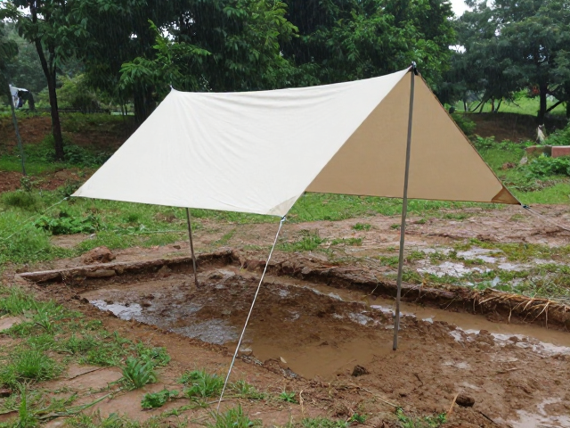 双杆帐篷雨季搭建指南,浅排水沟,展开天幕布防雨攻略