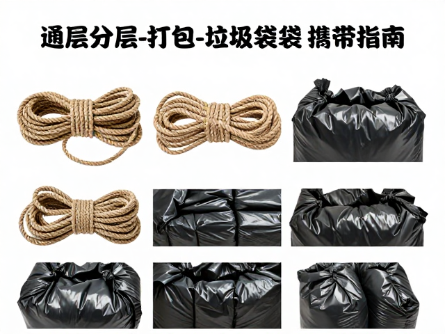 通用分层打包教学,绳索盘绳收纳与垃圾袋单独携带指南