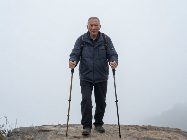 老人登山双杖更稳,雾天高可视,女士省力技巧全解析