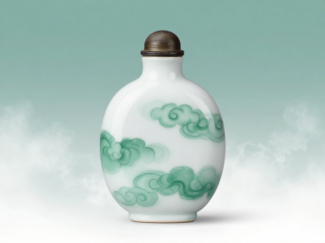 云雾缭绕青白色陶瓷胎釉原色外画鼻烟壶，古韵与意境的完美融合