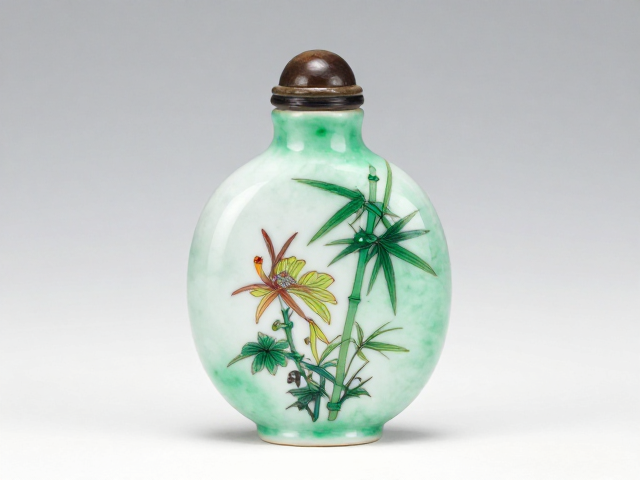 梅兰竹菊瓷釉配翡翠绿鼻烟壶,天然原色外画鉴赏