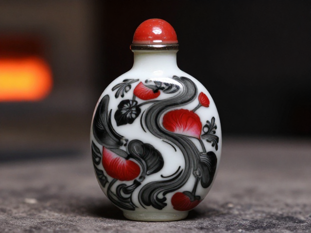 玻璃熔制内画鼻烟壶,黑白郎窑红交织的本色艺术之美