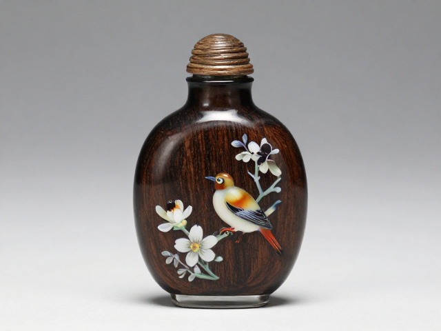 沉香深棕玻璃鼻烟壶,内画花鸟配玛瑙俏色,还原熔制本色