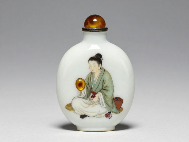 陶瓷胎釉原色外画鼻烟壶,人物与白玉色搭配波罗的海琥珀鉴赏