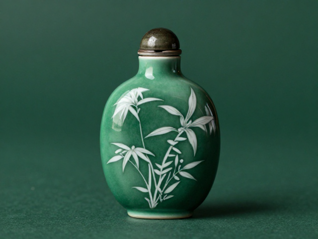 墨绿色梅兰竹菊陶瓷鼻烟壶,原色外画与瓷釉色的艺术碰撞