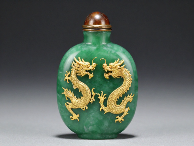 碧绿色天然玉石内画鼻烟壶，龙凤配金，古韵与奢华的极致收藏