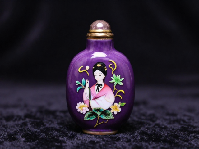 茄皮紫料胎画珐琅鼻烟壶，深色绒布衬托下的独特色系美学