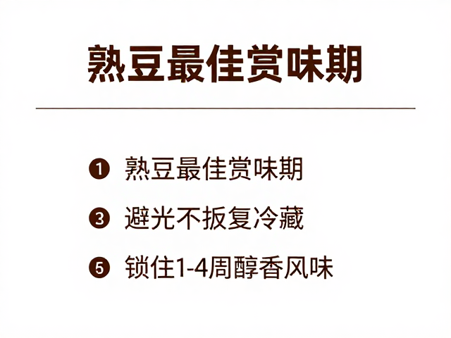 熟豆最佳赏味期,避光不反复冷藏,锁住1-4周醇香风味