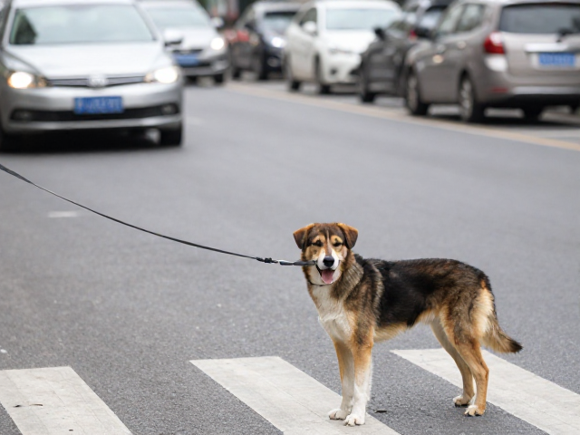 成年犬牵引训练，听到口令回随行位，路口止步避让车流