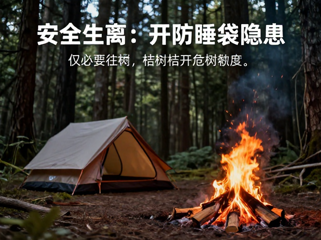 露营生火安全,保持安全距离,避开枯树危树防睡袋隐患