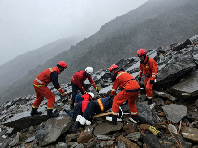 雨天山地救援队紧急施救,落石砸伤人员成功脱险实录