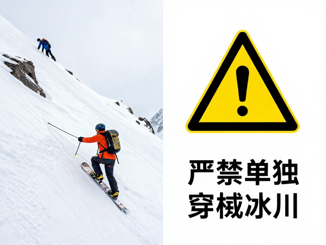 雪板混合攀登指南,安全警示,严禁单独穿越冰川