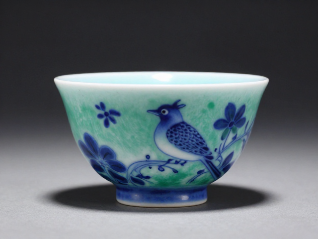 琉璃烧制工艺，蓝绿彩釉花鸟纹半宝石茶具鉴赏