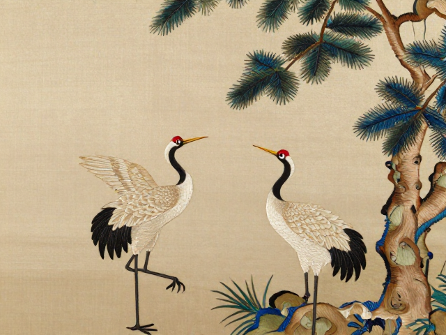 清代湘绣松鹤延年，浓淡分明工艺解析与收藏价值