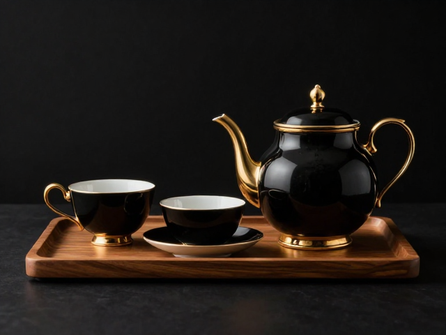 黑金法式茶具搭配木质托盘，尽显奢华优雅格调