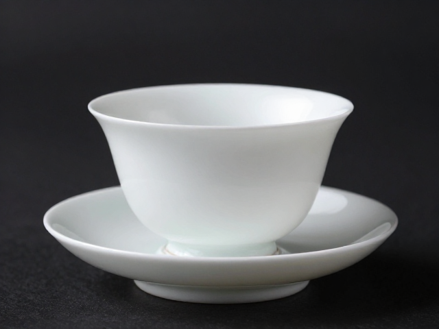 白瓷釉色温润，杯托巧思提升茶席层次，尽显雅致格调