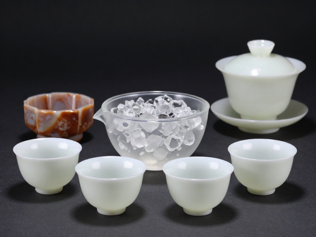 和田玉茶具搭配水晶茶海与玛瑙茶具，打造高颜值茶道美学