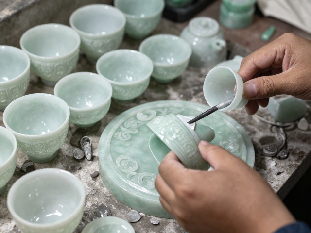 云南翡翠加工区揭秘，宫廷华贵玉石茶具的切割打磨抛光工艺