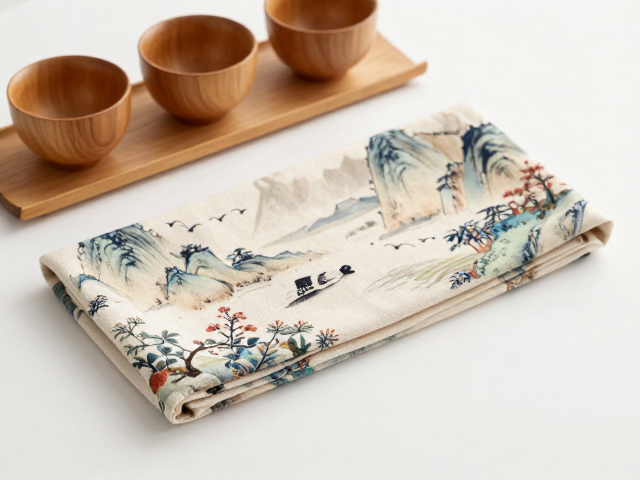 柚木茶具搭配山水花鸟纹茶巾，打造东方禅意茶道美学