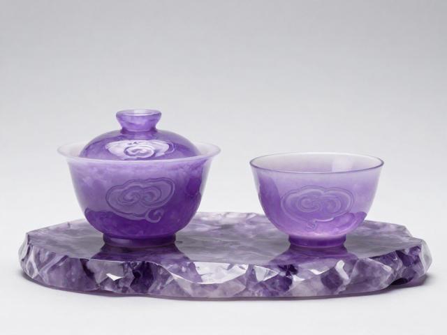 天然紫水晶茶具搭配琉璃品茗杯，祥云寓意祥瑞雅致茶生活