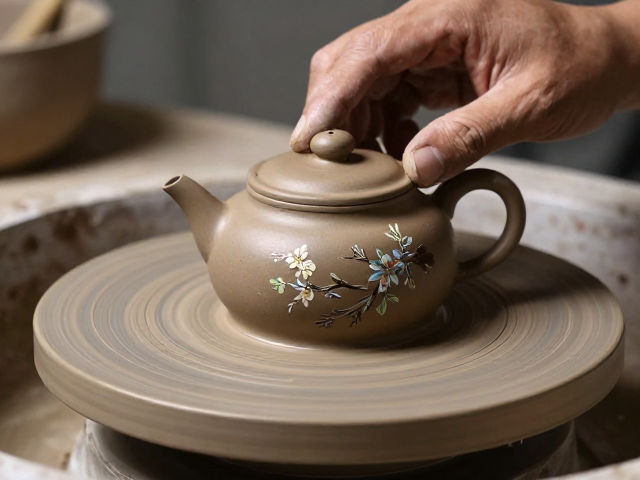 紫砂泥手工拉坯塑形技法，手绘花鸟细节赏析