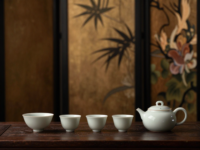 新中式茶具搭配古朴沉稳风格,中式屏风背景尽显东方雅韵