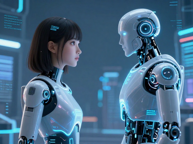 2024未来科技风,AI少女与机器人轮廓的唯美邂逅