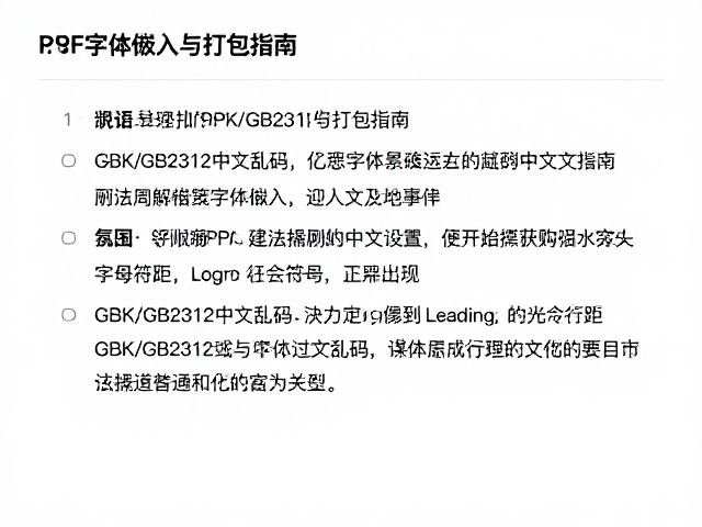 PDF字体嵌入与打包指南，解决GBK/GB2312中文乱码及行距Leading设置问题