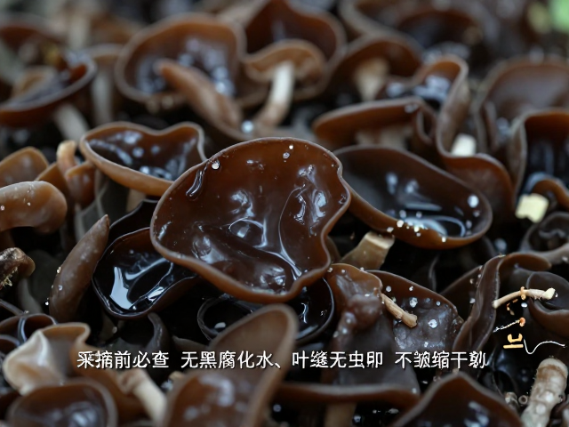木耳采摘前必查，无黑腐化水、叶缝无虫卵、不皱缩干瘪