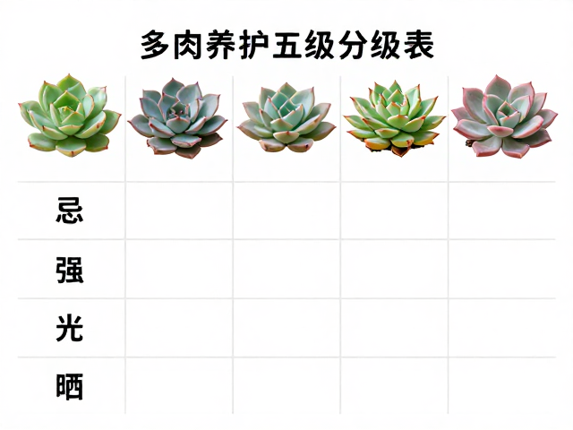 多肉养护五级分级表，忌强光暴晒，依光照选品种新手避坑指南