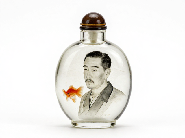 叶仲三玻璃内画鱼藻纹鼻烟壶,人物肖像点睛,见证非遗传承价值