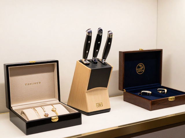 刀架展示品搭配礼盒陈列与贵金属装饰，尽显奢华质感与高端格调